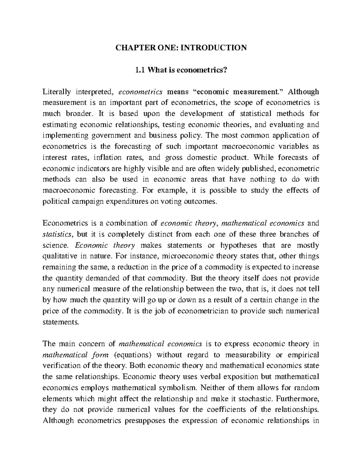CH-1 2 - Short note - CHAPTER ONE: INTRODUCTION 1 What is econometrics ...