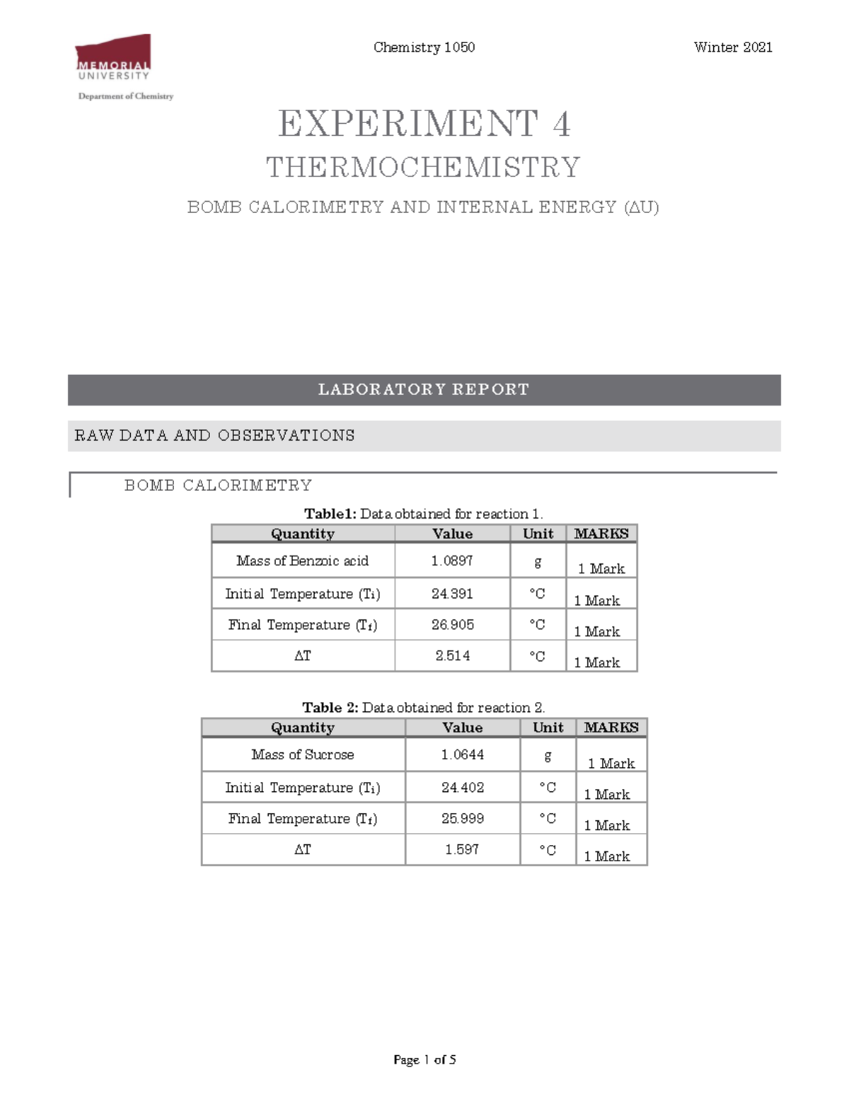 Experiment 4 Bomb Calorimetry W2021 Outline 01 Compleated Chemistry