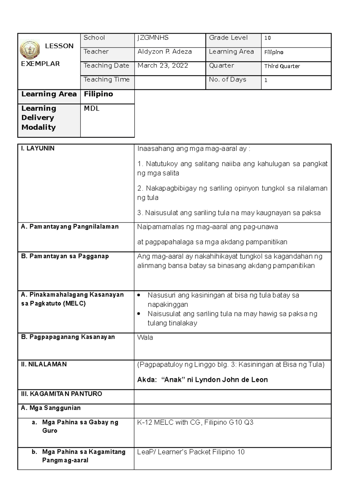 LE COT 1 Q3 ANAK - LESSON EXEMPLAR PARA SA TULA, LESSON EXEMPLAR PARA ...