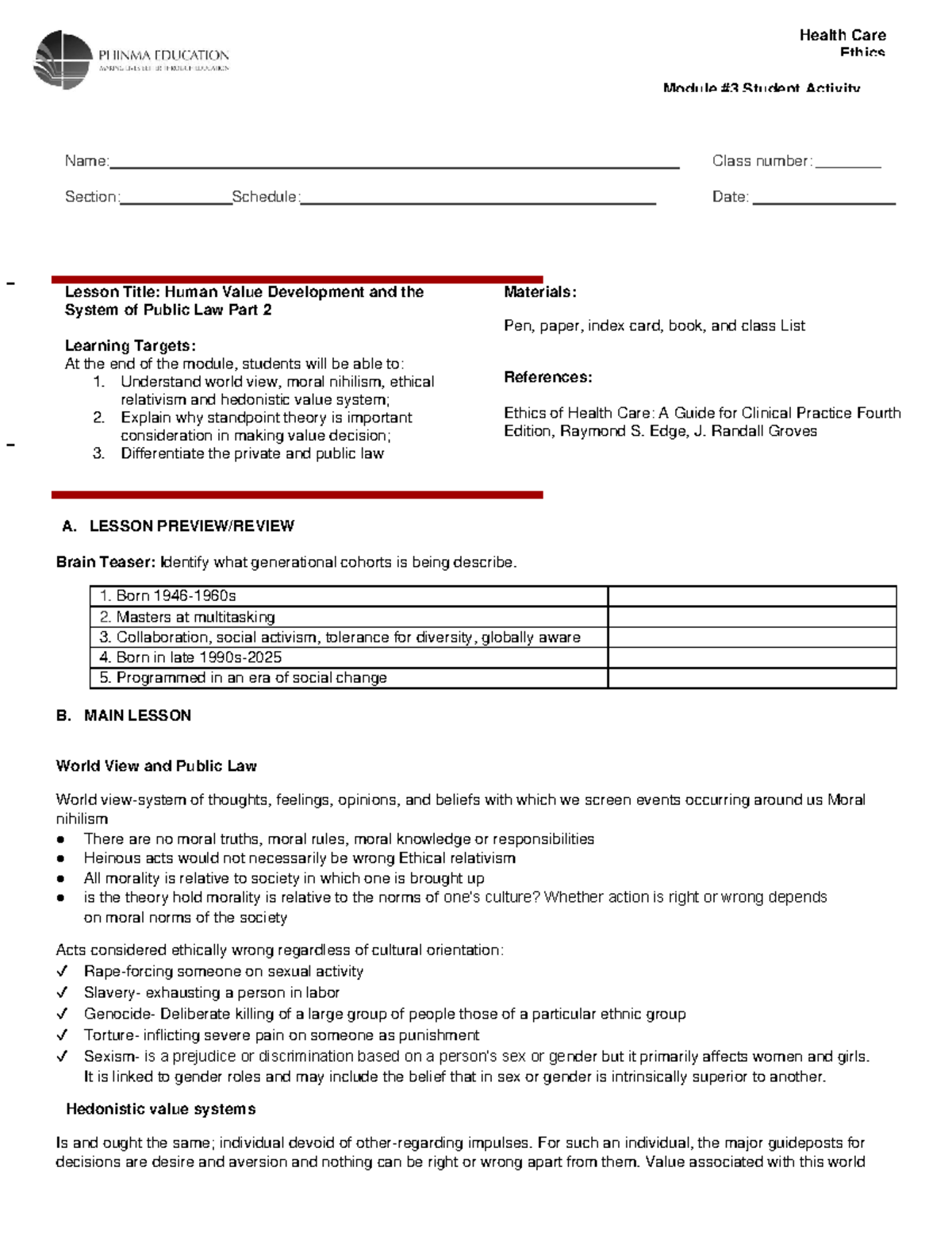 SAS 3 Bioethics - Ethics (Bioethics) Module #3 Student Activity Sheet ...