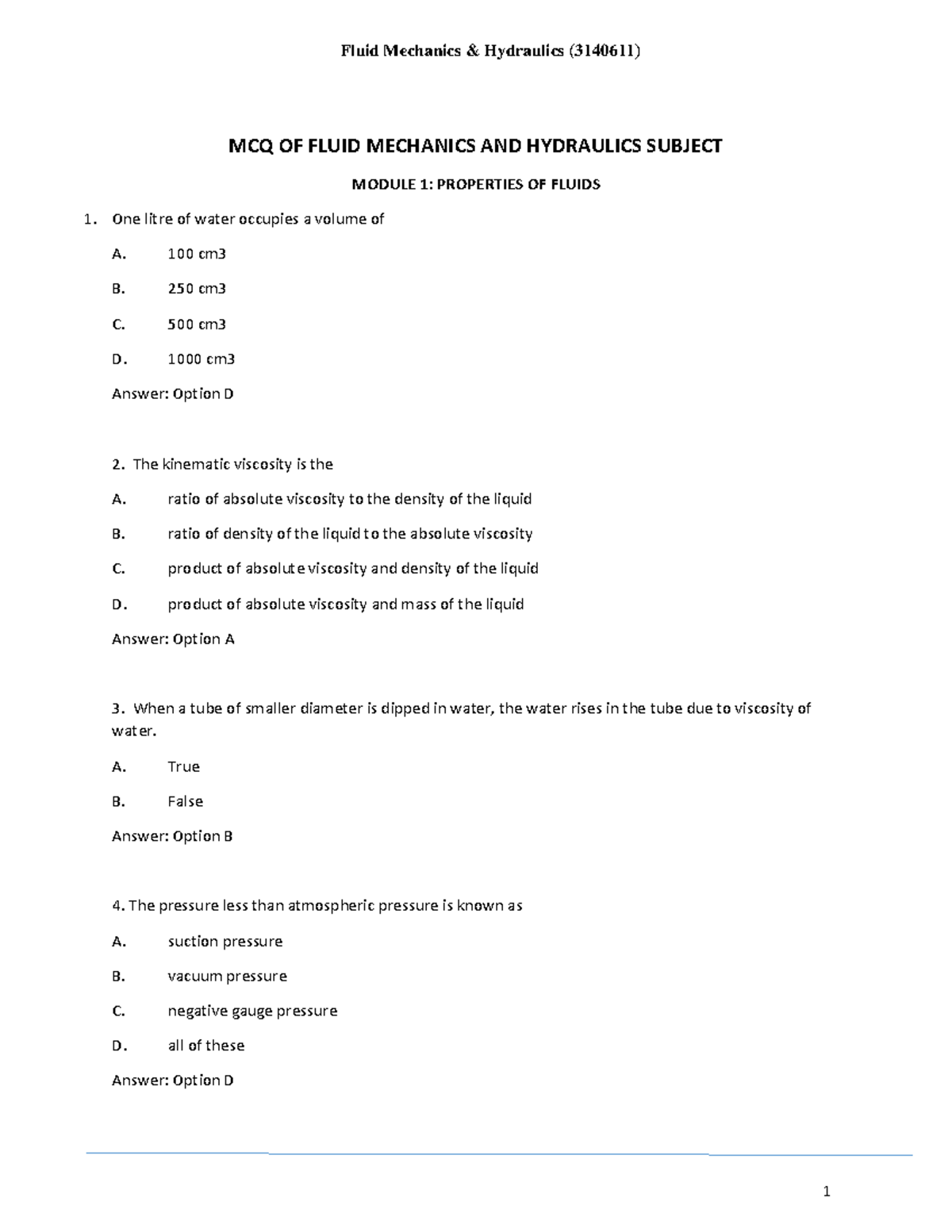 Mcq Of Fluid Mechanics & Hydraulics3140611 Fluid Mechanics And