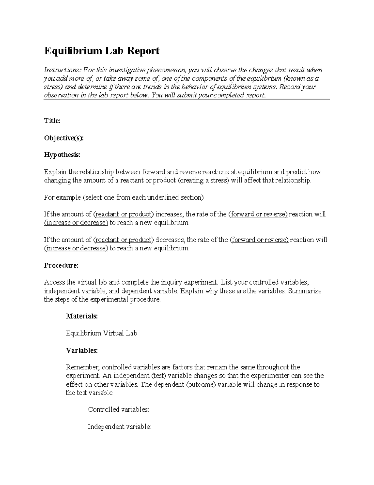 Equilibrium Lab Report (07 06) - Investigating Changes in Equilibrium ...