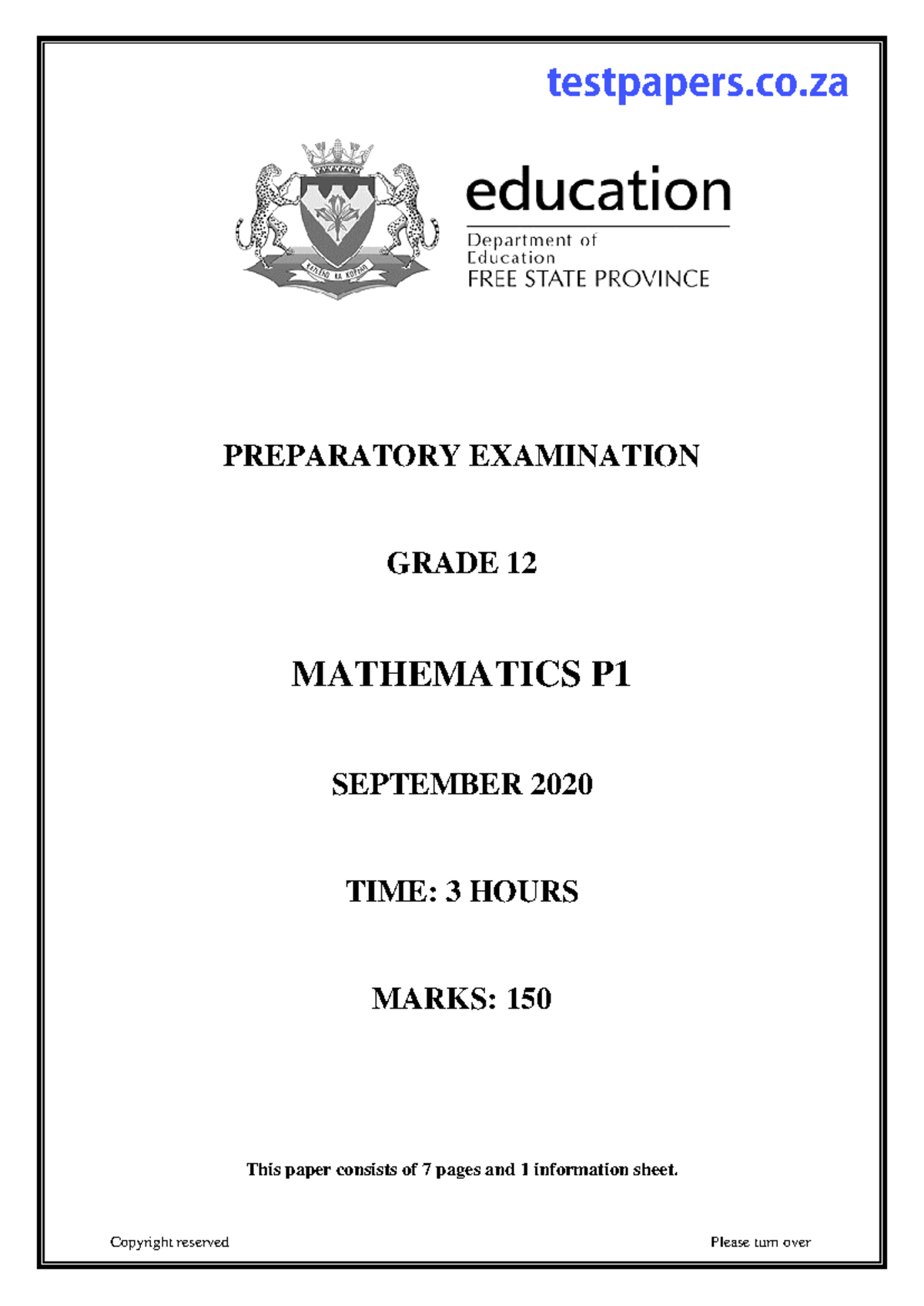 2020 Grade 12 MATH Trial EXAM Paper 1 FS - Grade 12 Prep. Exam ...