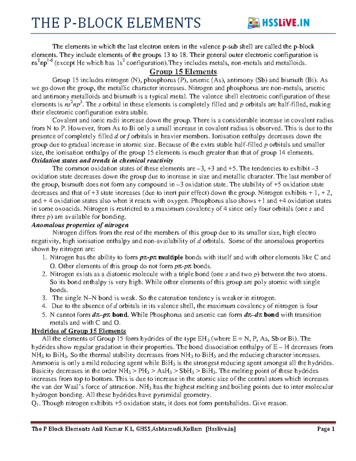 HSSLi VE-XII-Che-7 THE P- Block elements 2 - THE P-BLOCK ELEMENTS The ...