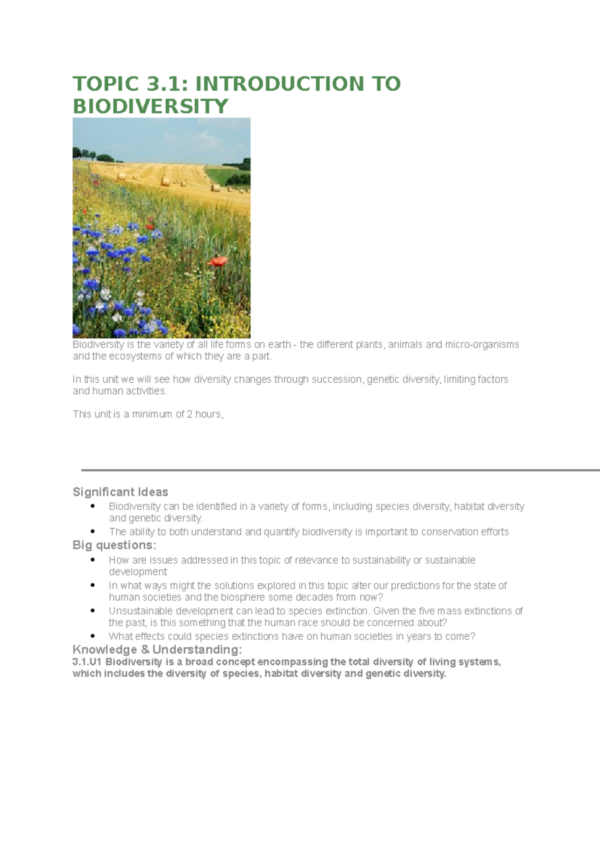 Doc3 - Summeraries about 3.1 - TOPIC 3: INTRODUCTION TO BIODIVERSITY ...