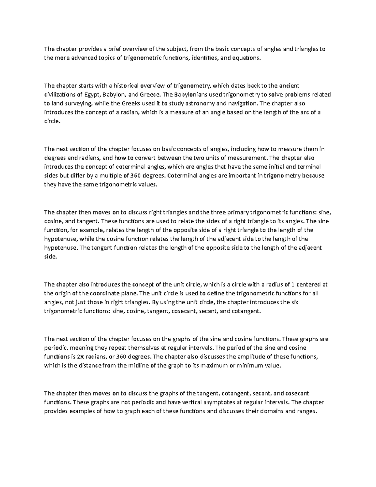 Chapter 1 Part A Trignometry notes - The chapter provides a brief ...
