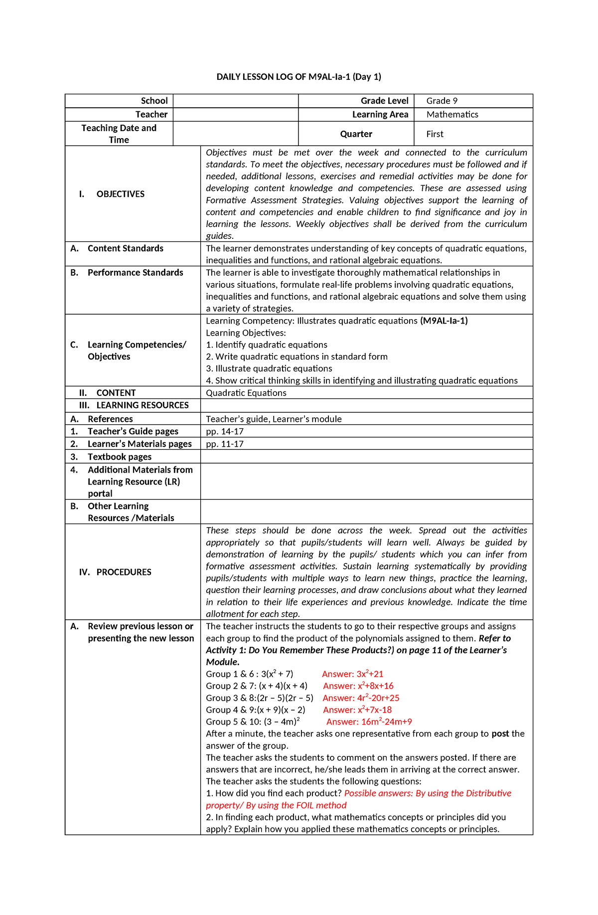 I-Day 1 - Daily Lesson Plan - DAILY LESSON LOG OF M9AL-Ia-1 (Day 1 ...