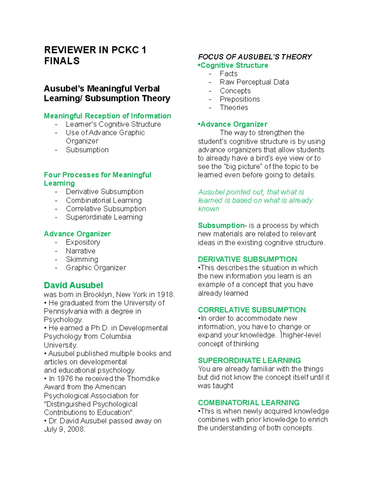 Reviewer IN PCKC 1 finals - REVIEWER IN PCKC 1 FINALS Ausubel’s ...
