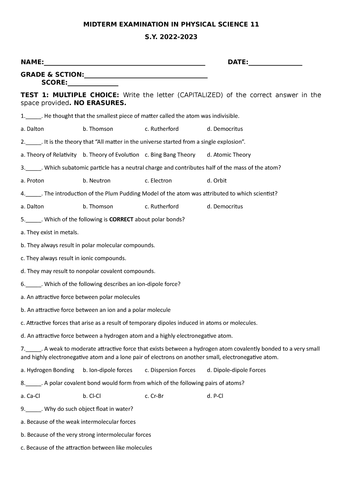 Midterm Examination IN Physical Science 11 - Education - SSC - Studocu