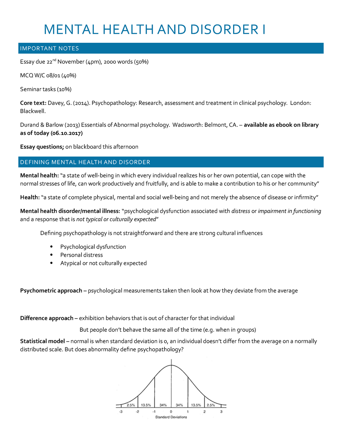 Lecture Notes (collective) - MENTAL HEALTH AND DISORDER I IMPORTANT ...