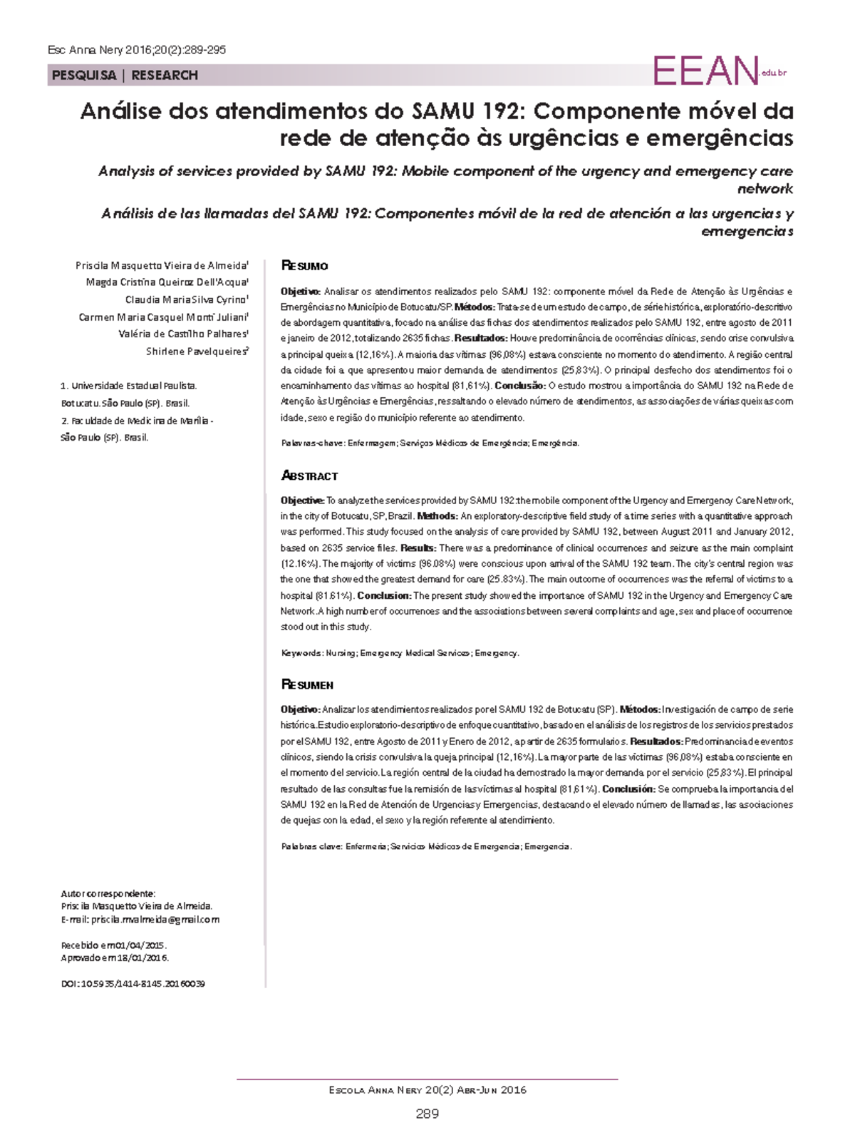 Artigo Análise dos atendimentos do SAMU 192 - ####### Escola Anna Nery ...