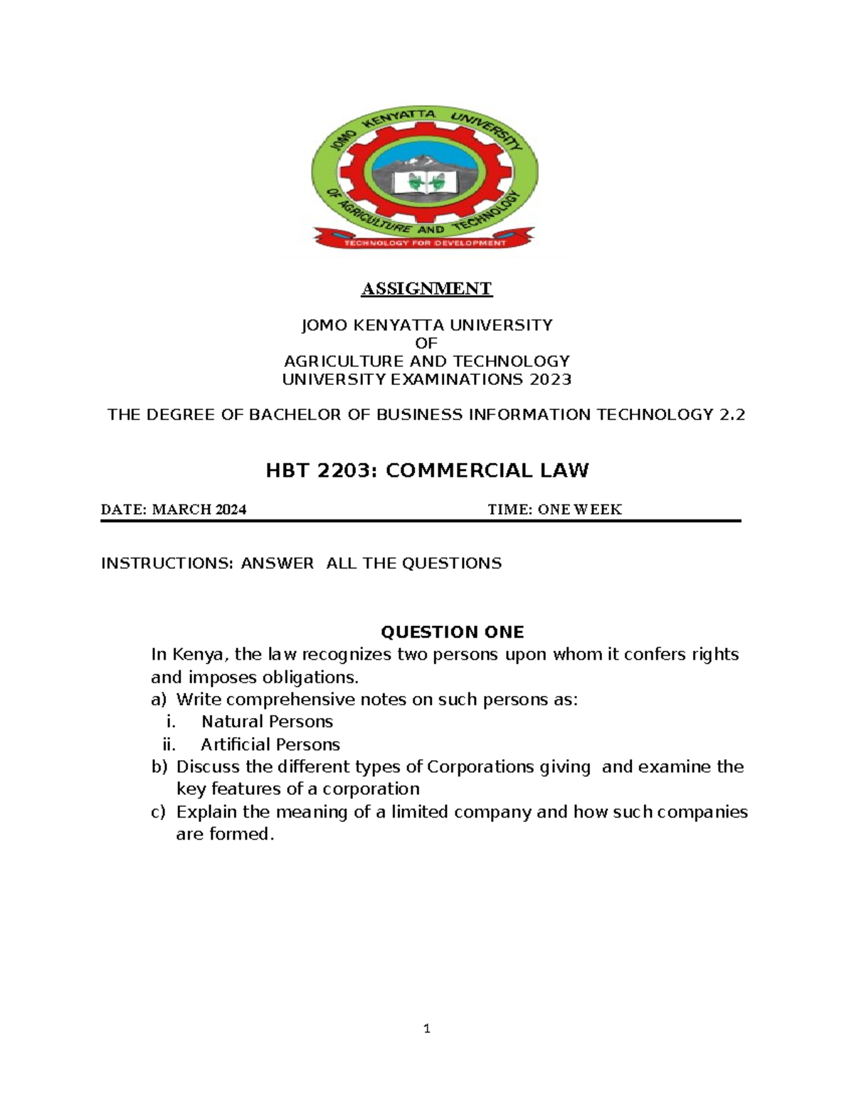 Commercial LAW Assignment - ASSIGNMENT JOMO KENYATTA UNIVERSITY OF ...