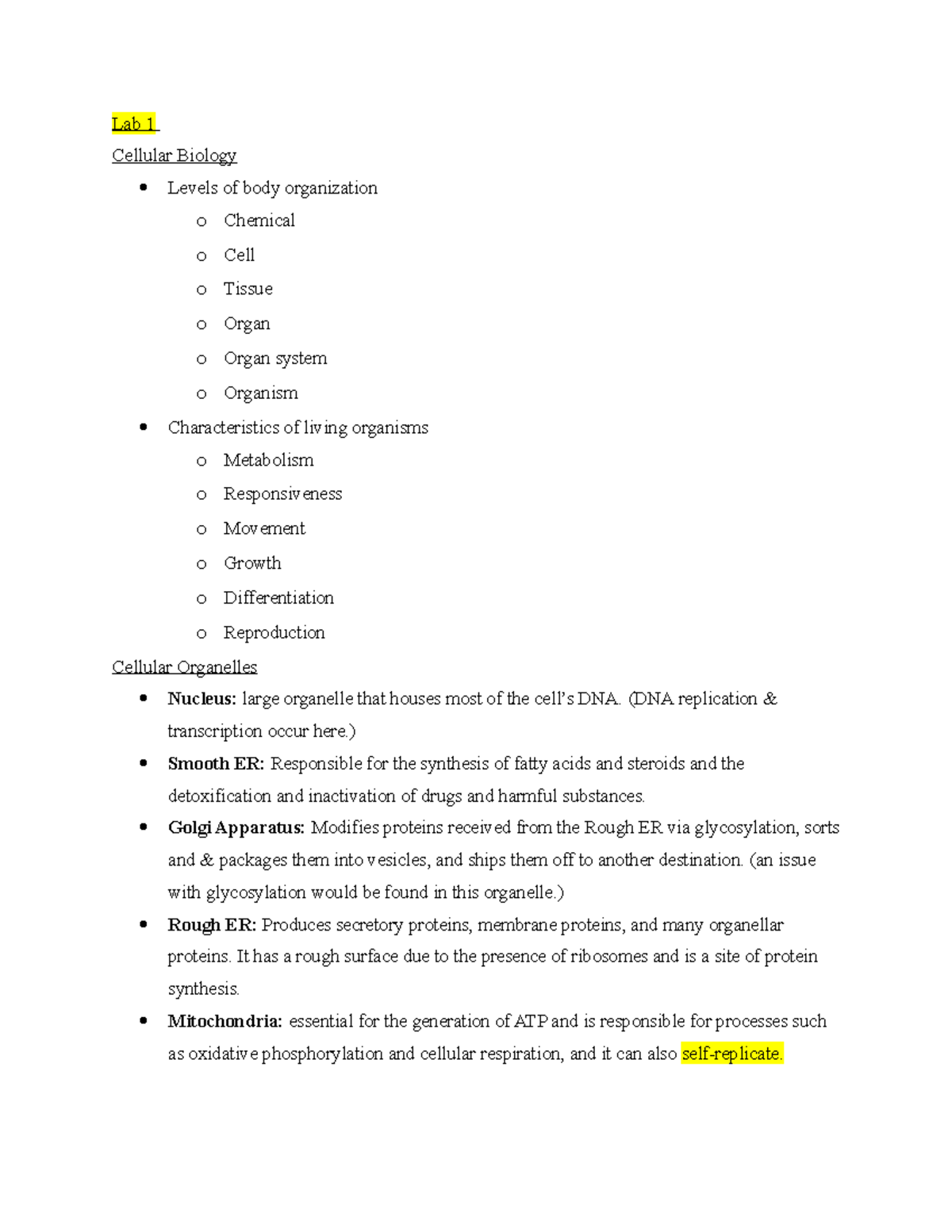Physio study guide - practice material - Lab 1 Cellular Biology Levels ...