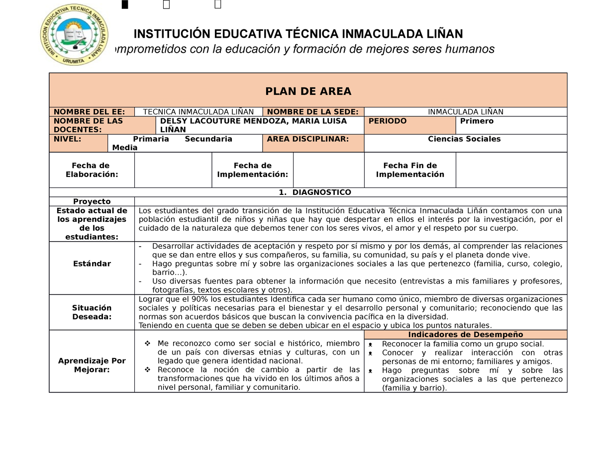 Plan De Area Ciencias Sociales InstituciÓn Educativa TÉcnica Inmaculada LiÑan Comprometidos 1947