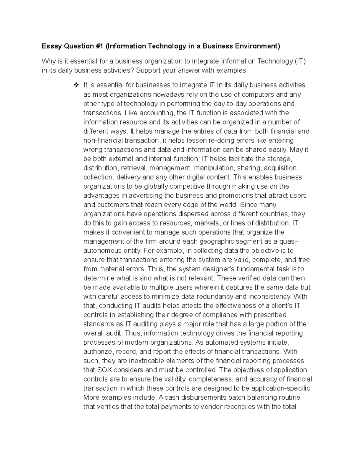 IT BUS Essay Essay Question 1 (Information Technology in a Business