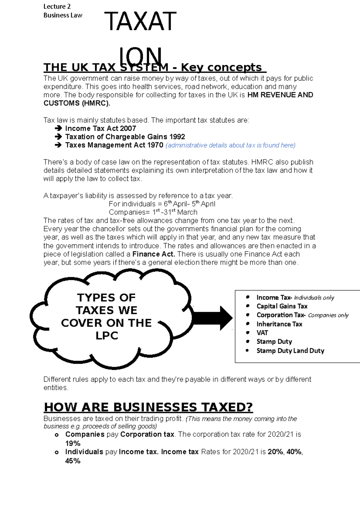 Taxation- Lecture 2 Business Law - Lecture 2 Business Law THE UK TAX ...