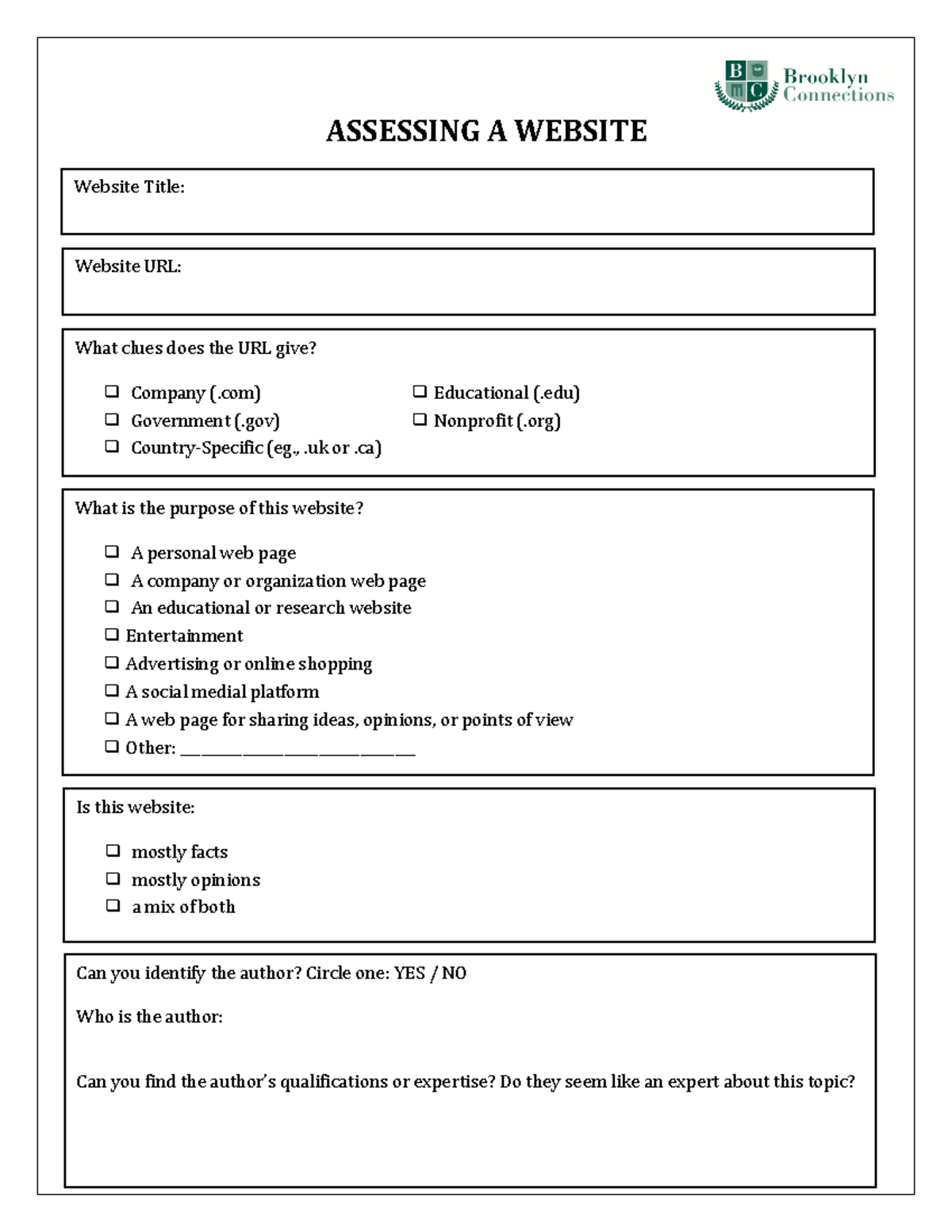 Internet Research Worksheet - ASSESSING A WEBSITE Can you identify the ...