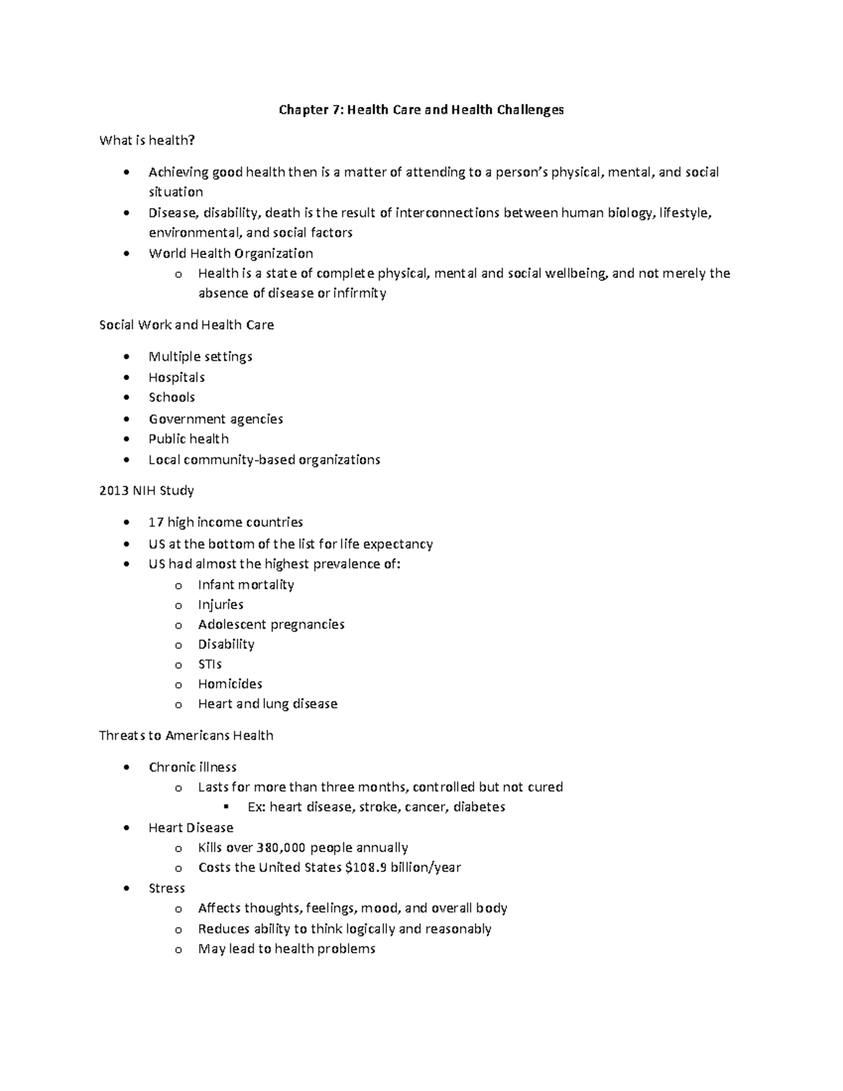 SOWK Chapter 7 - Chapter 7: Health Care and Health Challenges What is ...