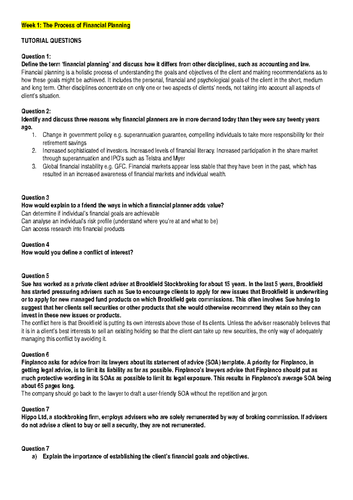 TUTE 1 (Autosaved) - tute - Week 1: The Process of Financial Planning ...