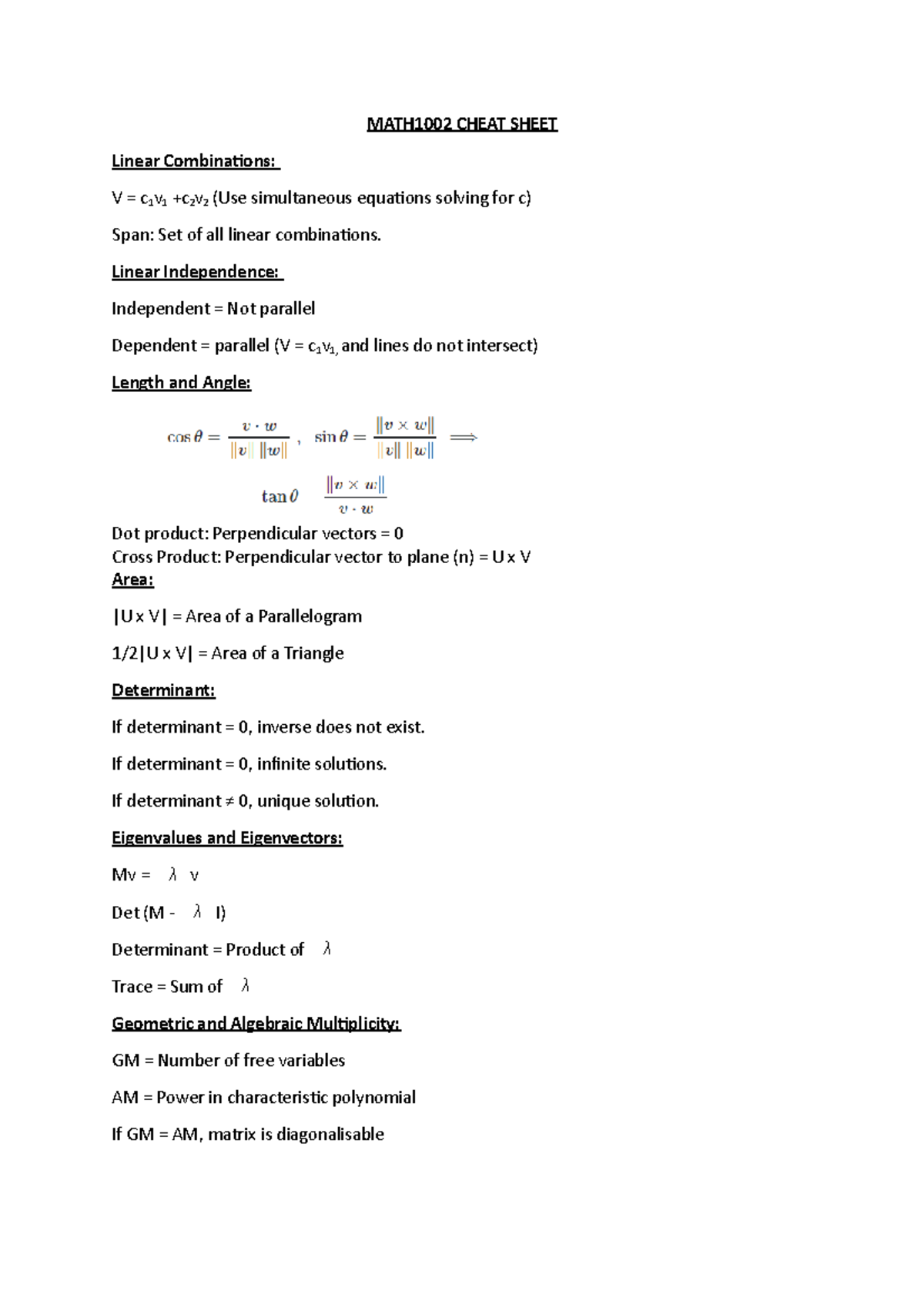 MATH1002 Cheat Sheet - MATH1002 CHEAT SHEET Linear Combinations: V = c ...