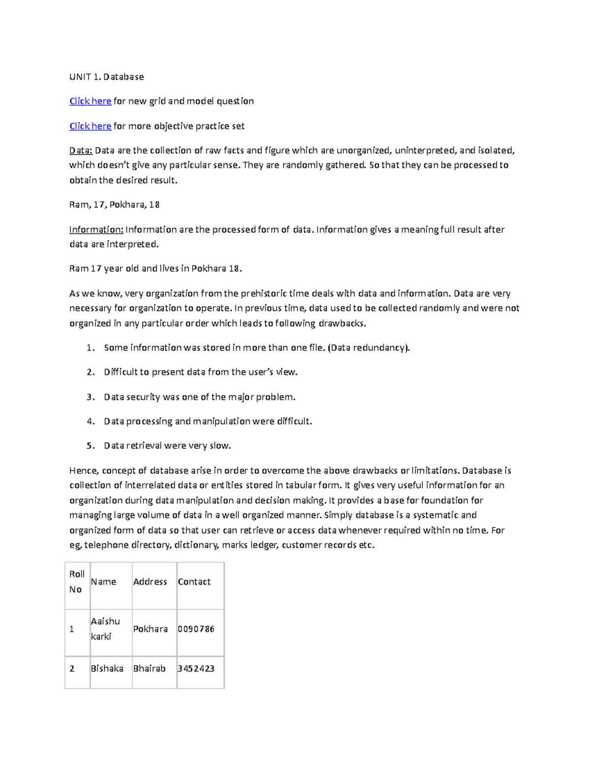 UNIT 1 - assdsdsdsdsd - UNIT 1. Database Click here for new grid and ...