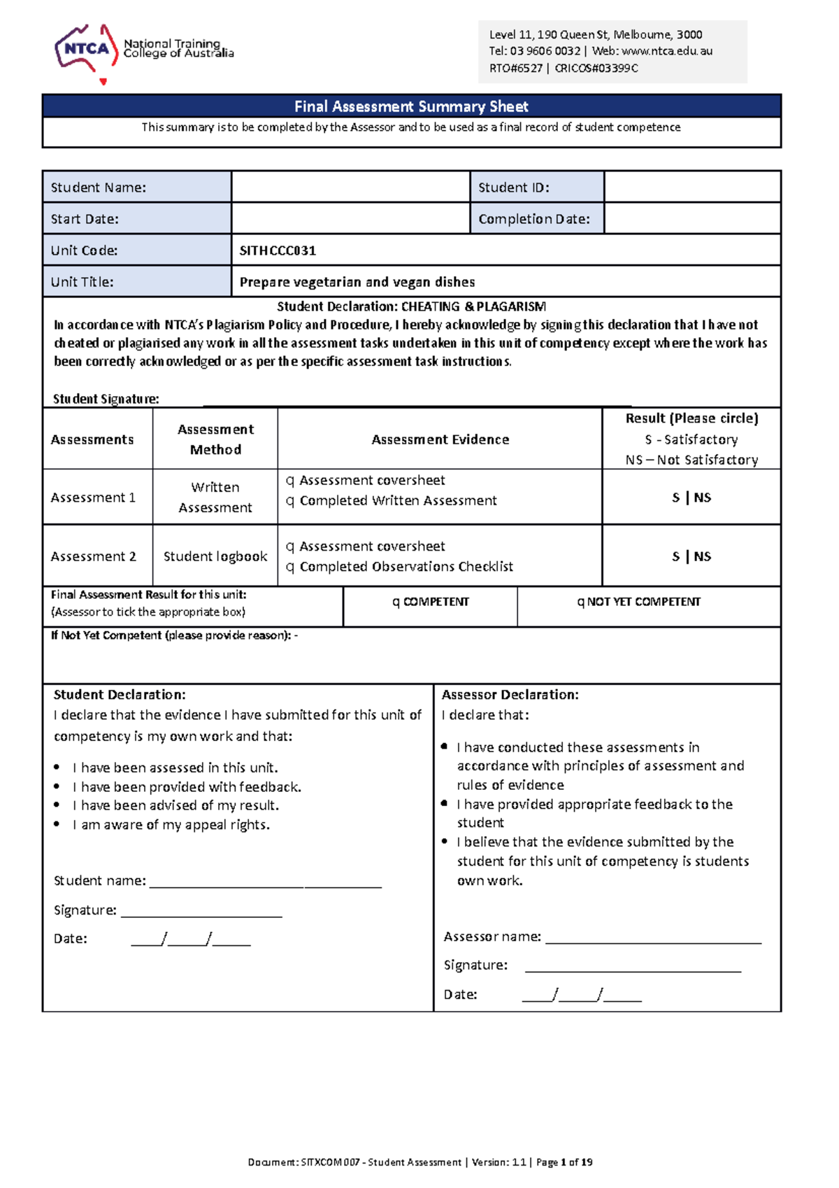 Sithccc 031- Student Assessment pack - Final Assessment Summary Sheet ...