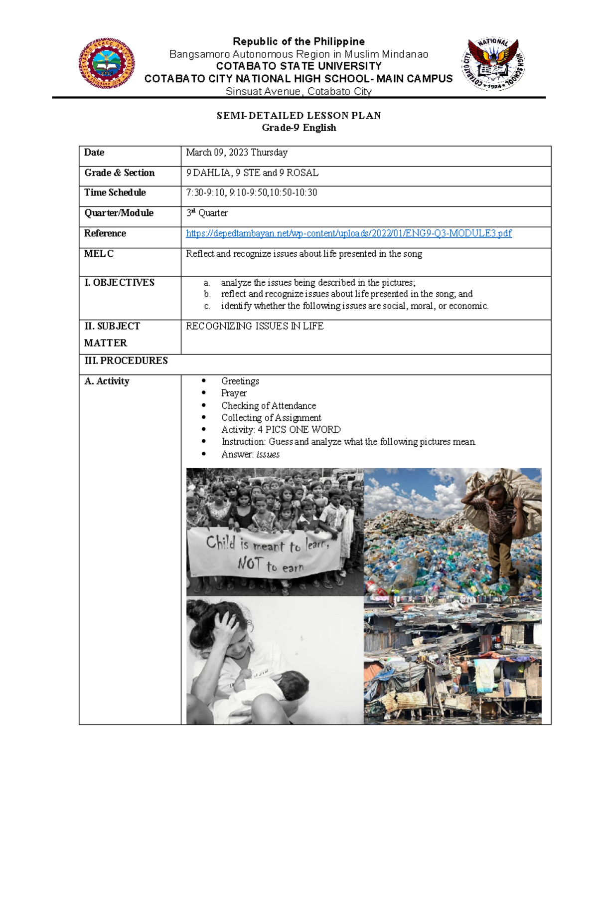 3rd Demo Lesson Plan Reflect and recognize issues about life presented ...