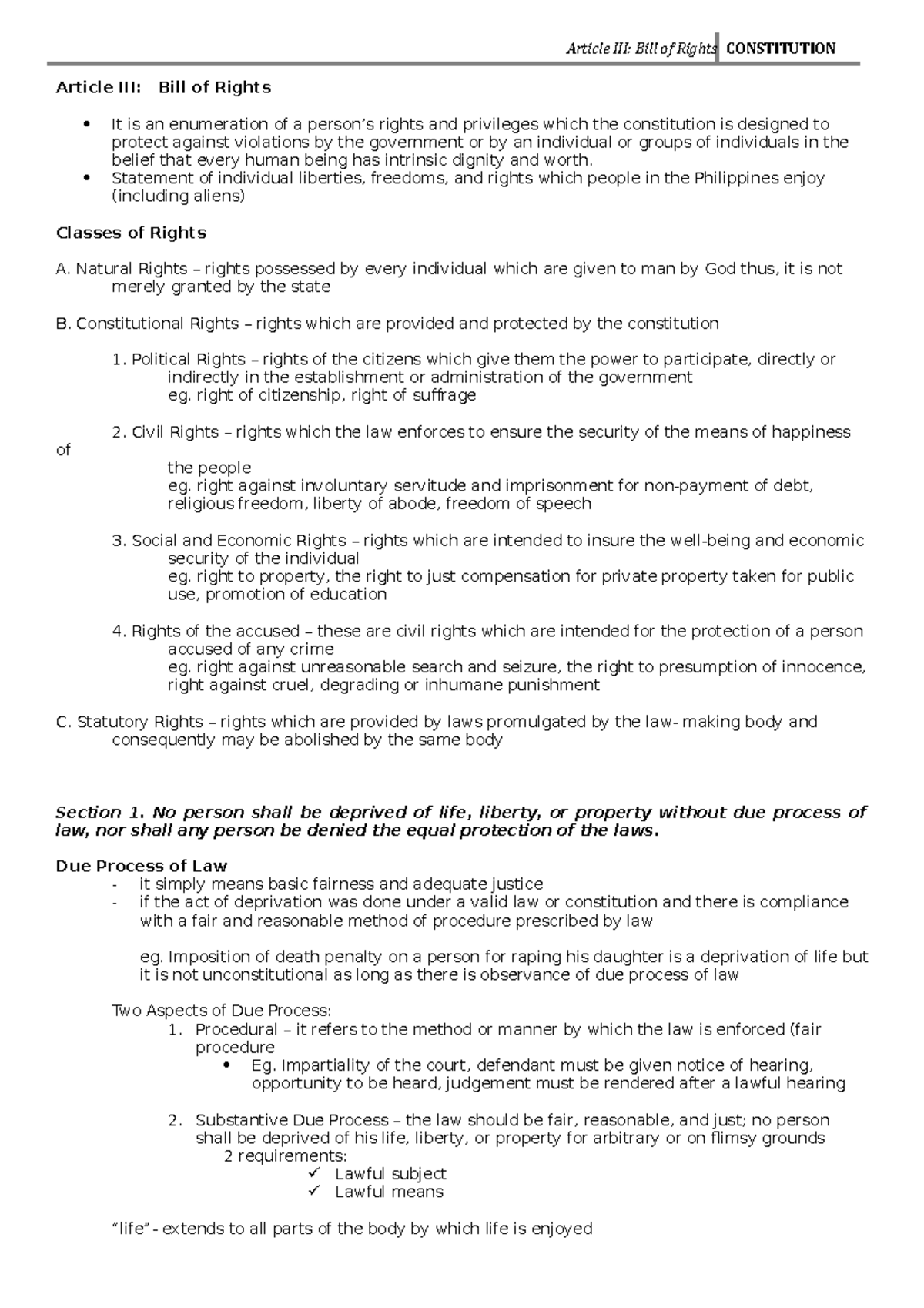 Bill of rights - Article III: Bill of Rights It is an enumeration of a ...