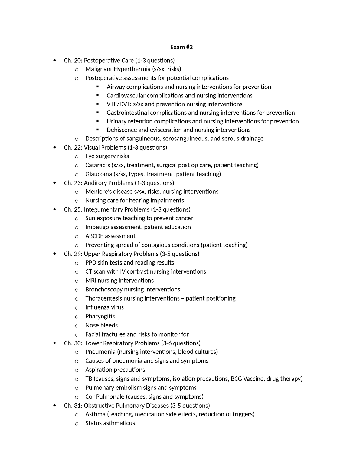 Exam 2 Study Guide (key points) - Exam # Ch. 20: Postoperative Care (1 ...