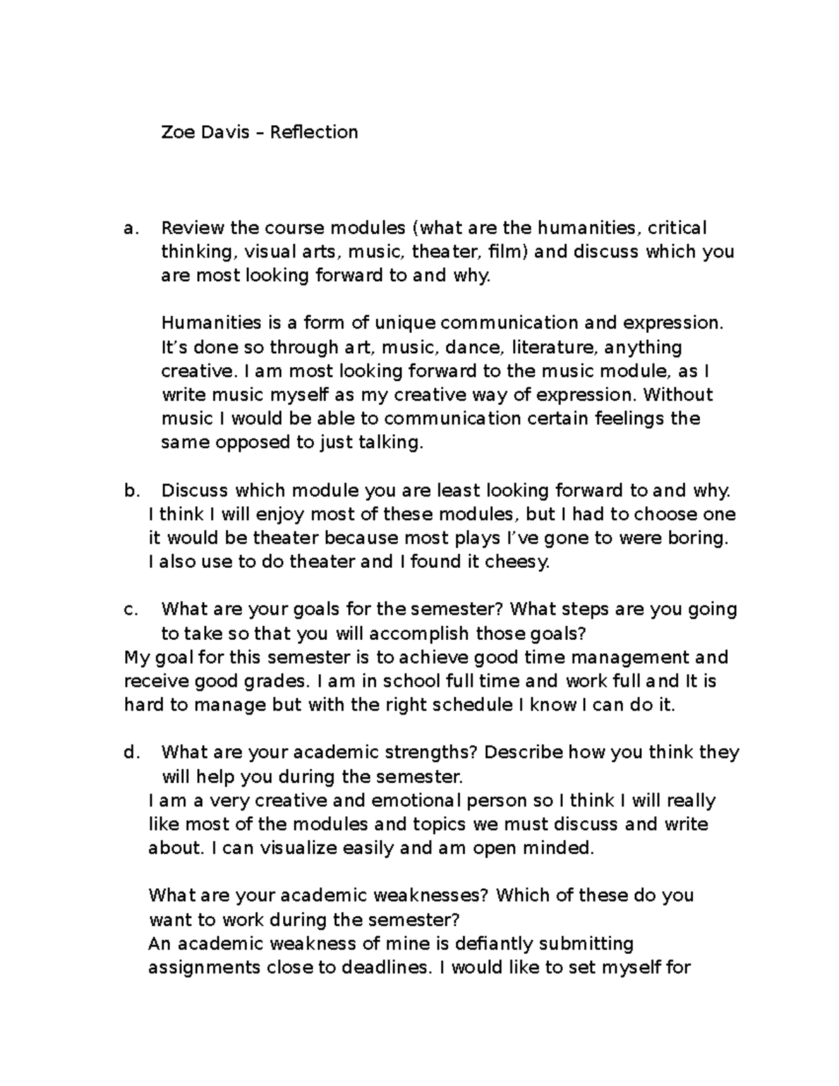 Assignment 1 Reflection - Zoe Davis – Reflection a. Review the course ...