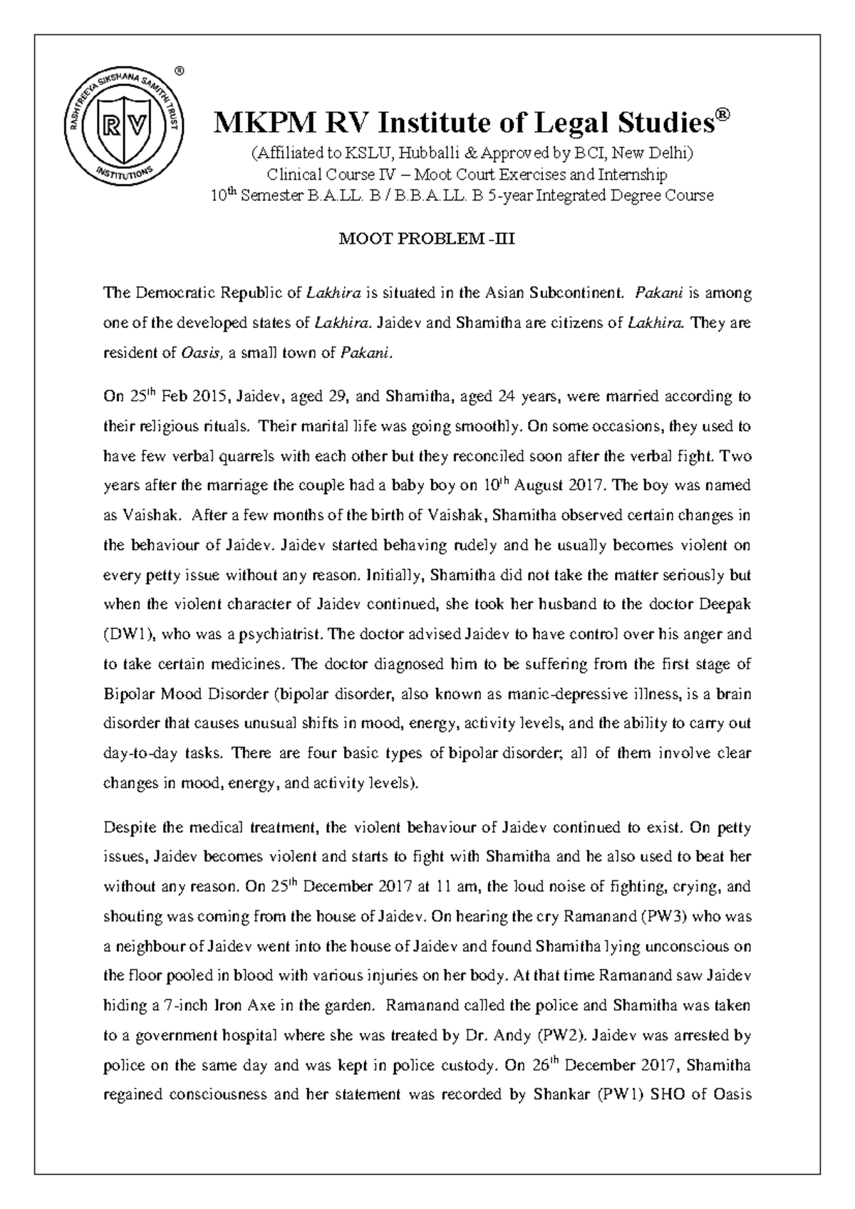 Moot problem III - All the best - MKPM RV Institute of Legal Studies ...