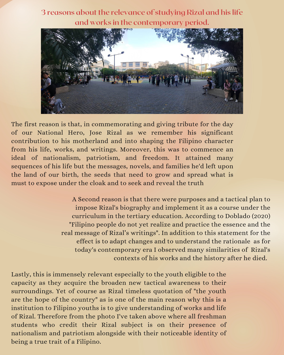 FA1 Viana J Sec53 - Essay regarding Rizal's life - The first reason is ...
