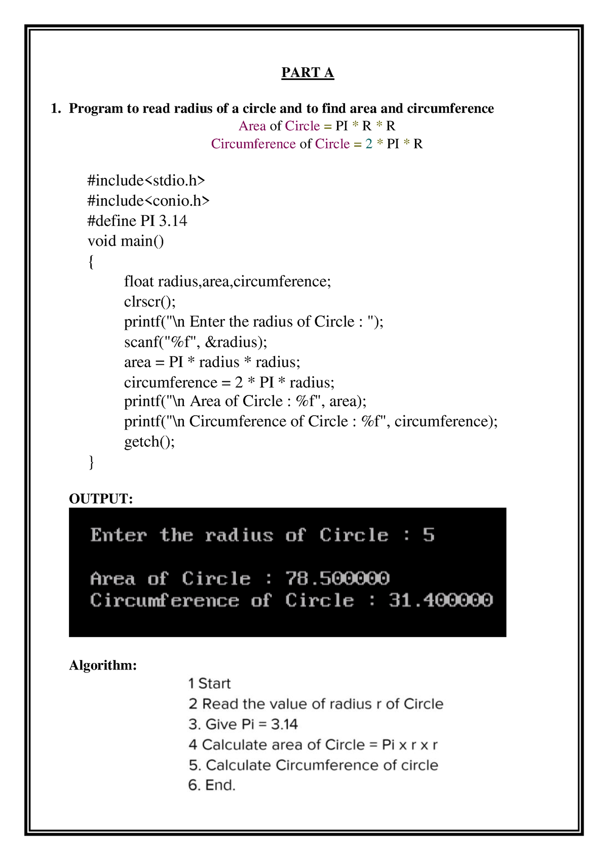 BCA I Semester - C Programming Lab - PART A Program To Read Radius Of A ...