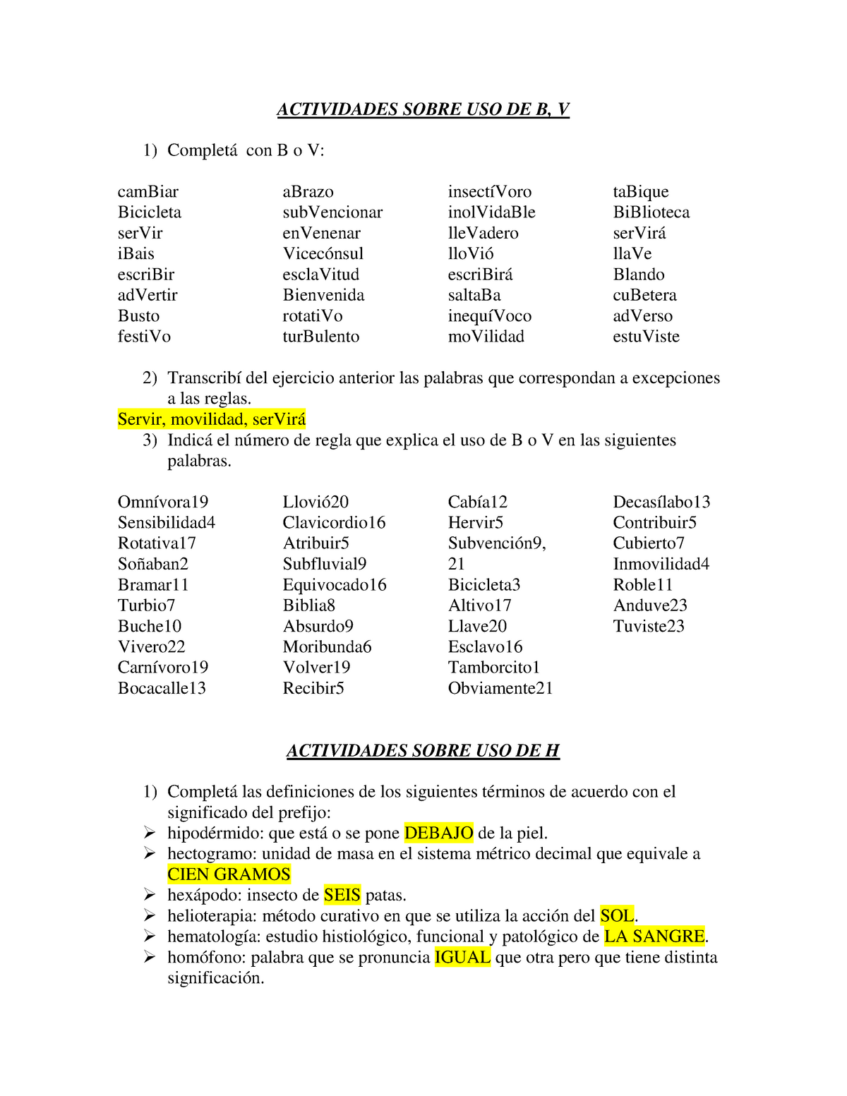 Guia Resuelta Sobre El Uso De B, V Y H - ACTIVIDADES SOBRE USO DE B, V ...