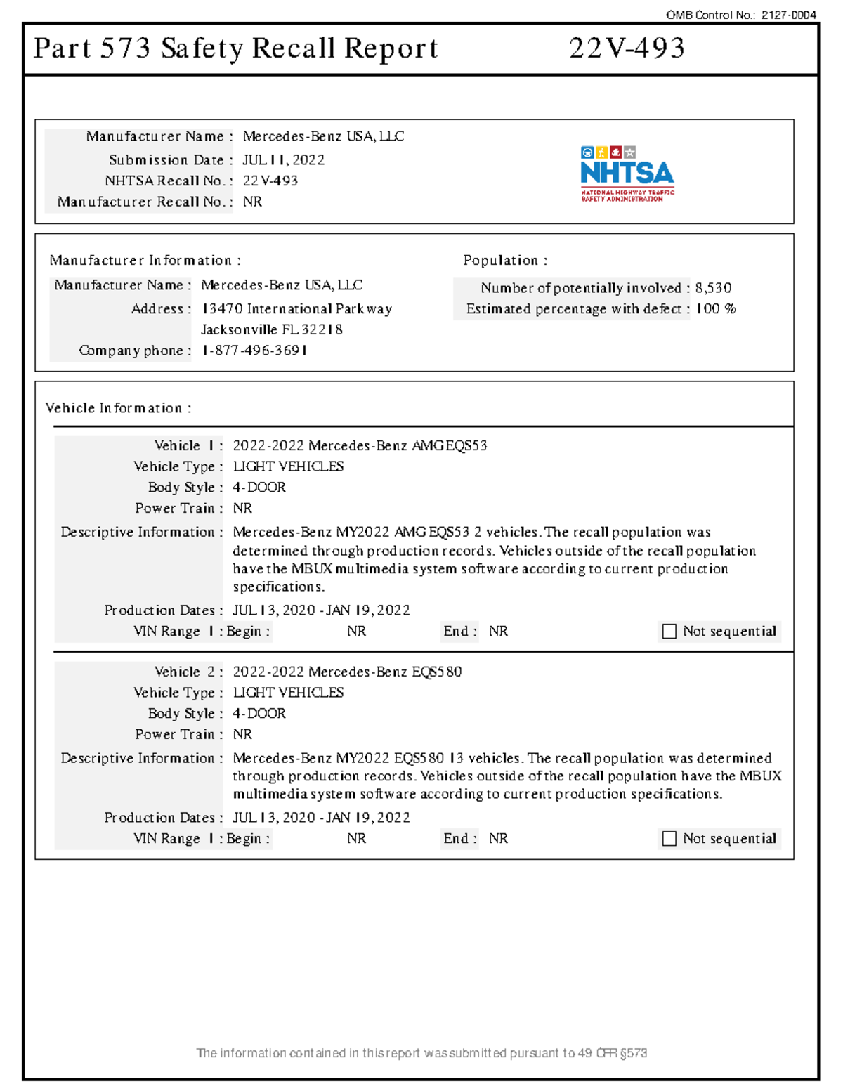 Rclrpt-22V493-1419 - Assa - OMB Control No.: Part 573 Safety Recall ...