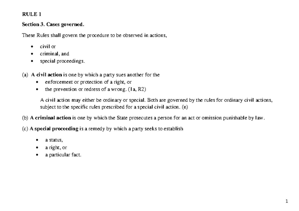 2020 ROC 1 - civ pro - RULE 1 Section 3. Cases governed. These Rules ...