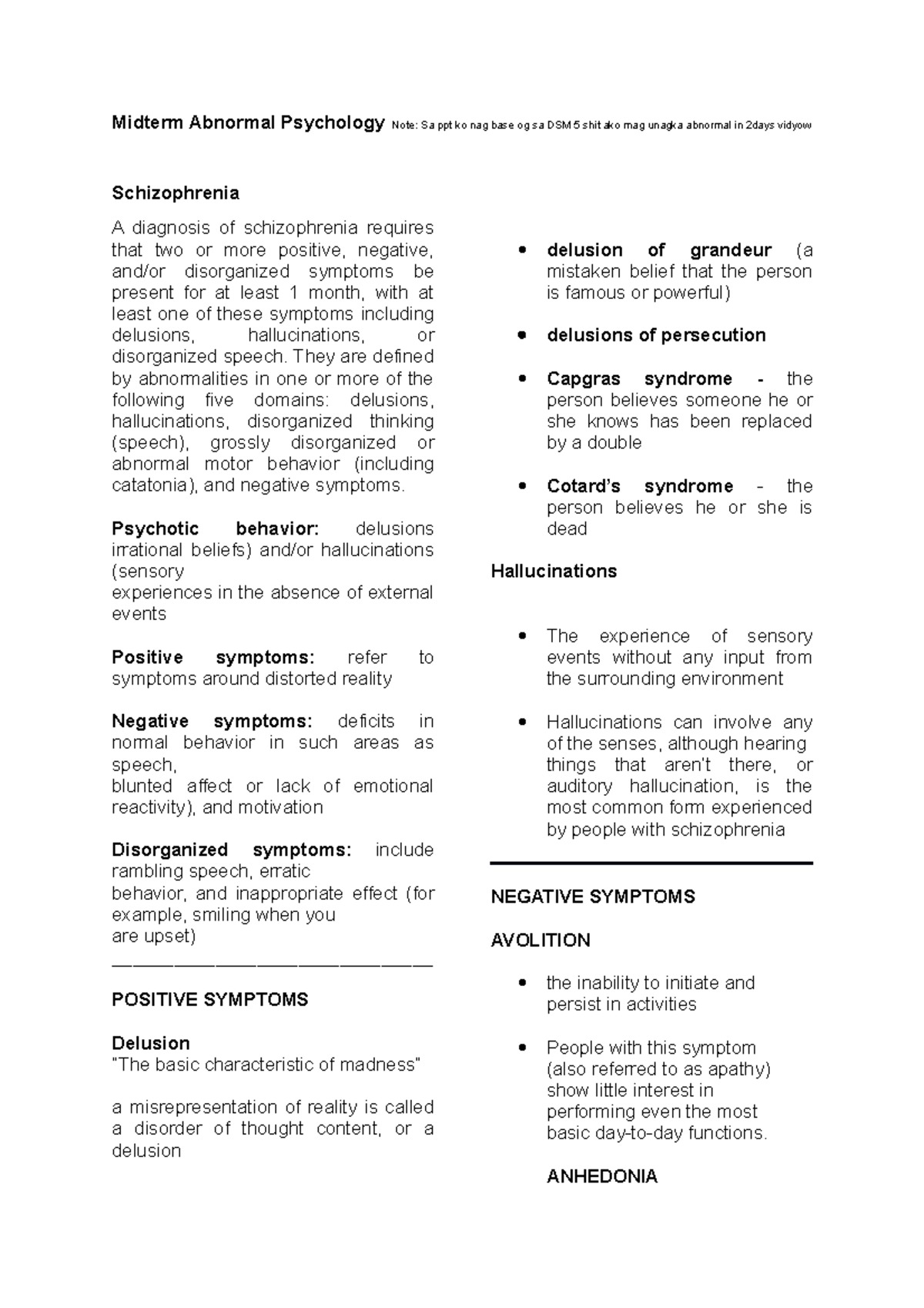 Ab Psych Notes not cutie po - Midterm Abnormal Psychology Note: Sa ppt ...