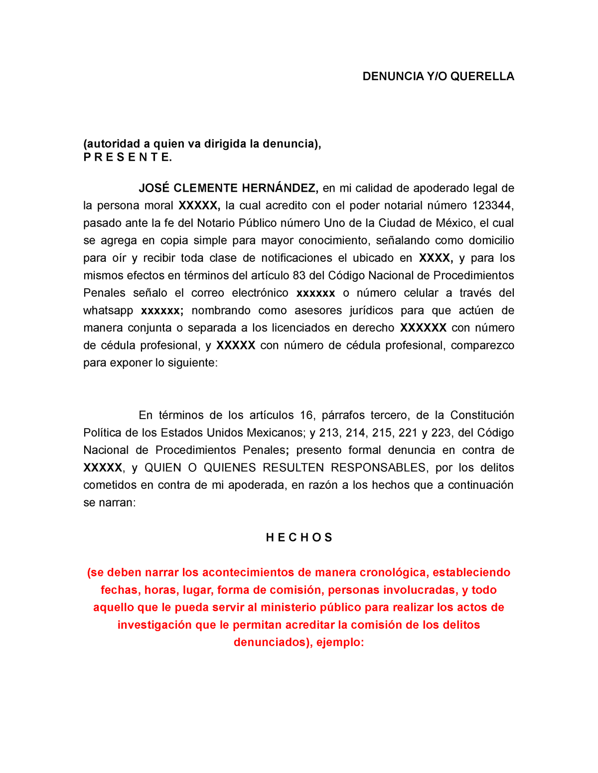 Formato DE Denuncia DE Hechos - DENUNCIA Y/O QUERELLA (autoridad a quien va  dirigida la denuncia), P - Studocu