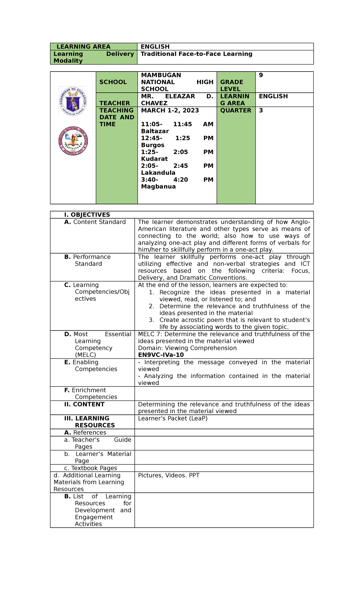 Relevance and truth-mambugan - LEARNING AREA ENGLISH Learning Delivery ...