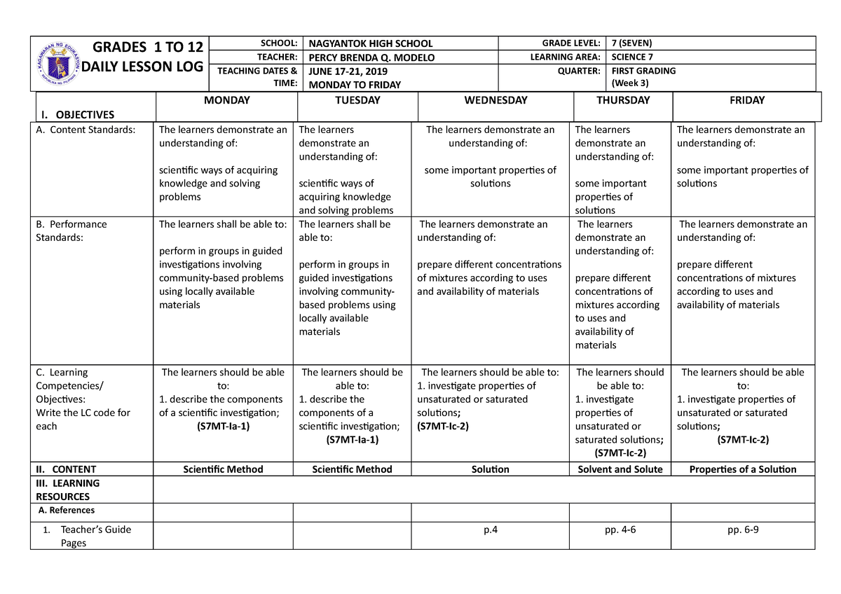 Dll Science 7 Week 3 Grades 1 To 12 Daily Lesson Log School Nagyantok High School Grade 6375