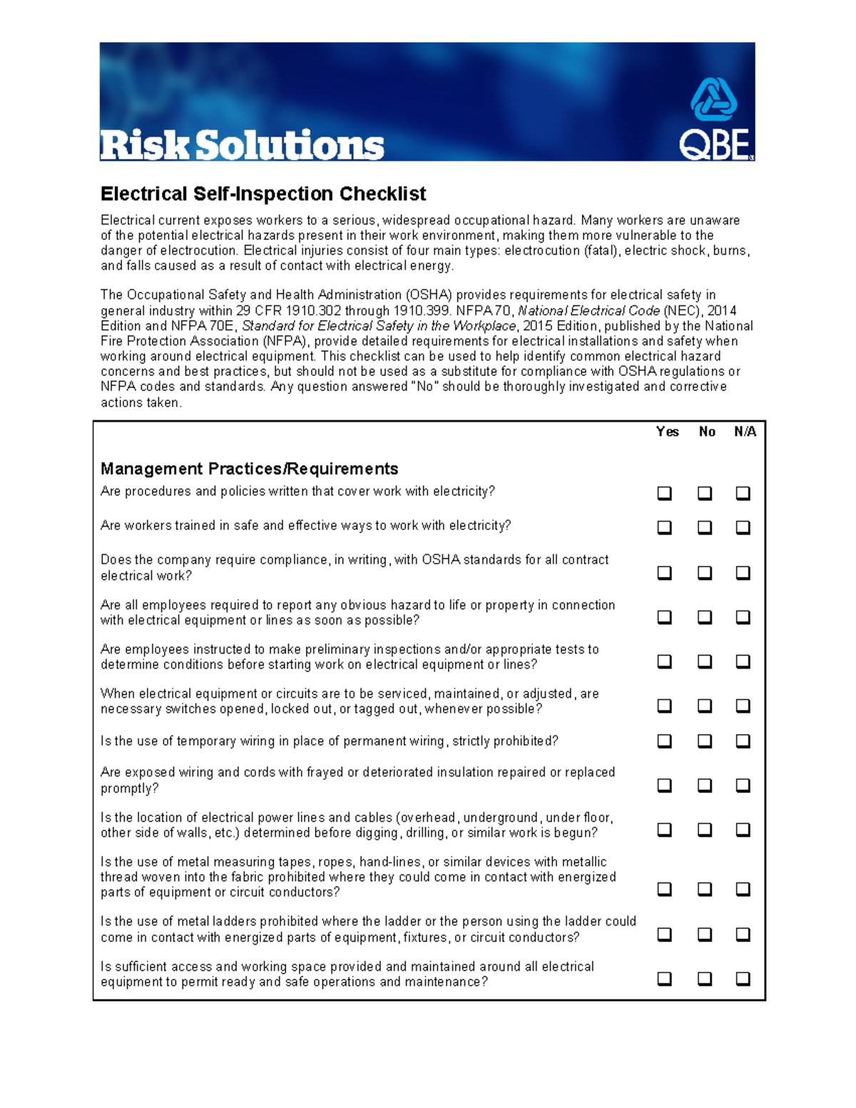 Electrical Self Inspection Checklist for Businesses - Electrical Self ...