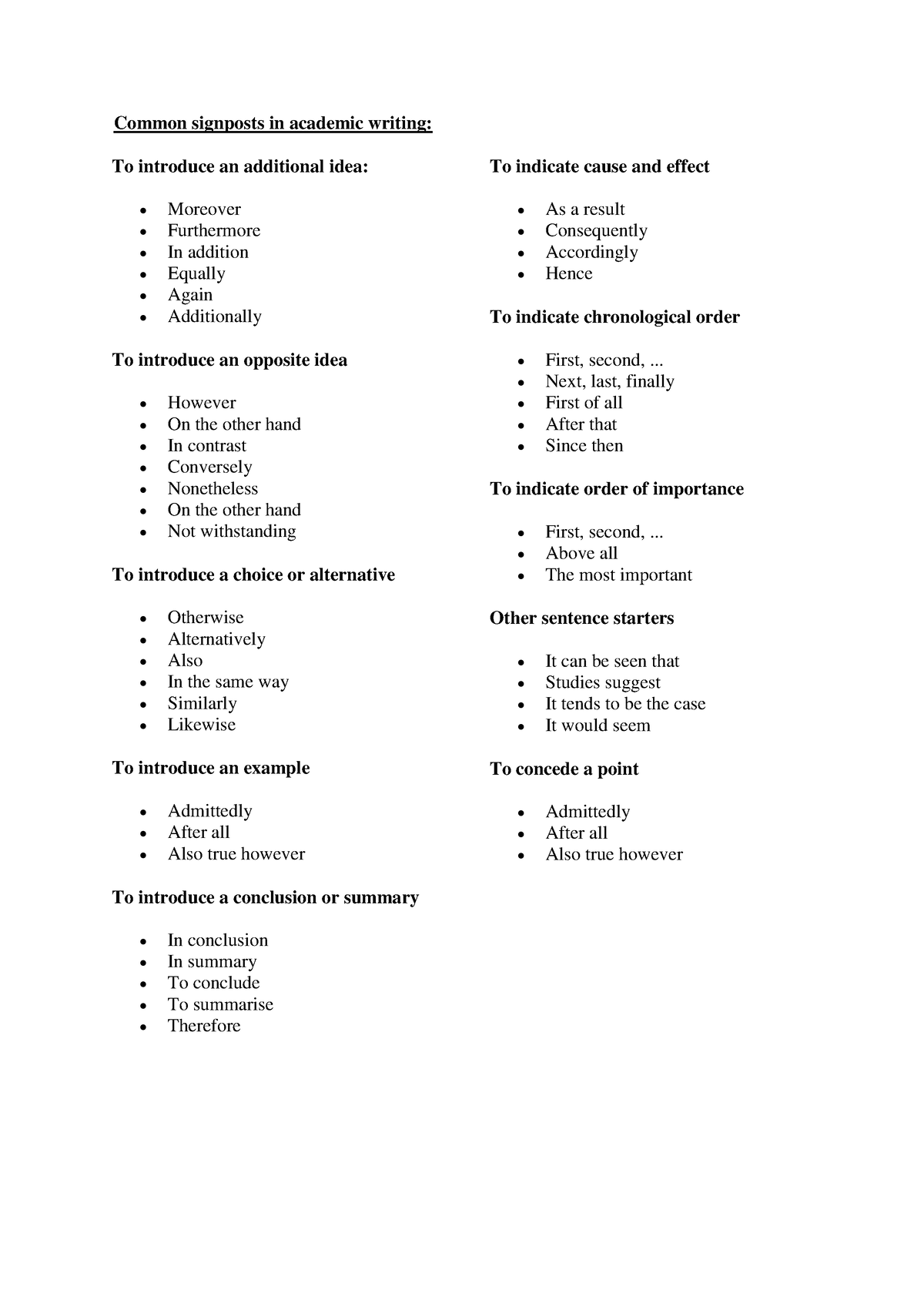 Common signposts in academic writing - .. Next, last, finally First of ...