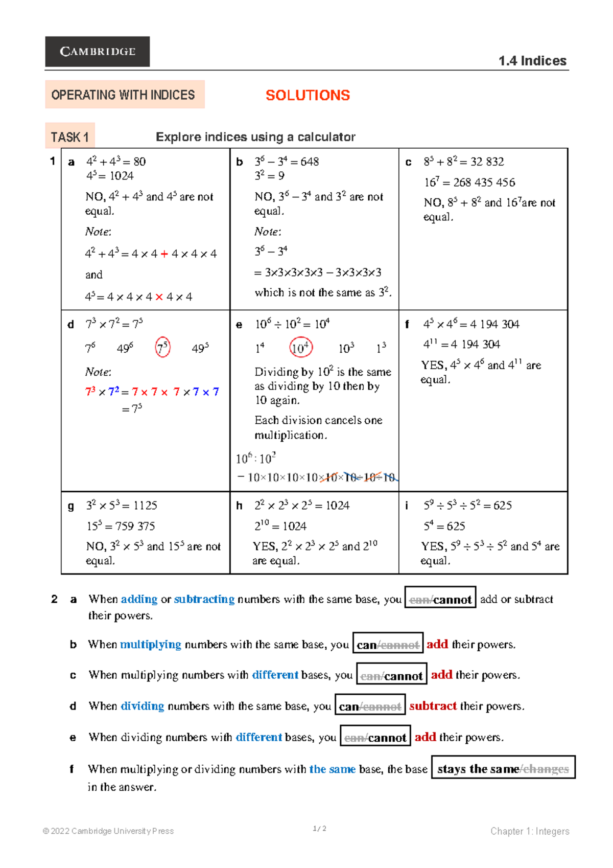 Operating with indices Solutions 1 Indices © 2022 Cambridge
