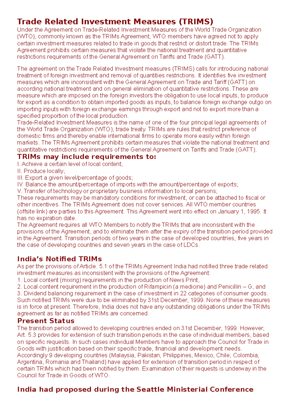 Foreign Trade Law Trade Related Investment Measures (TRIMS) Under the