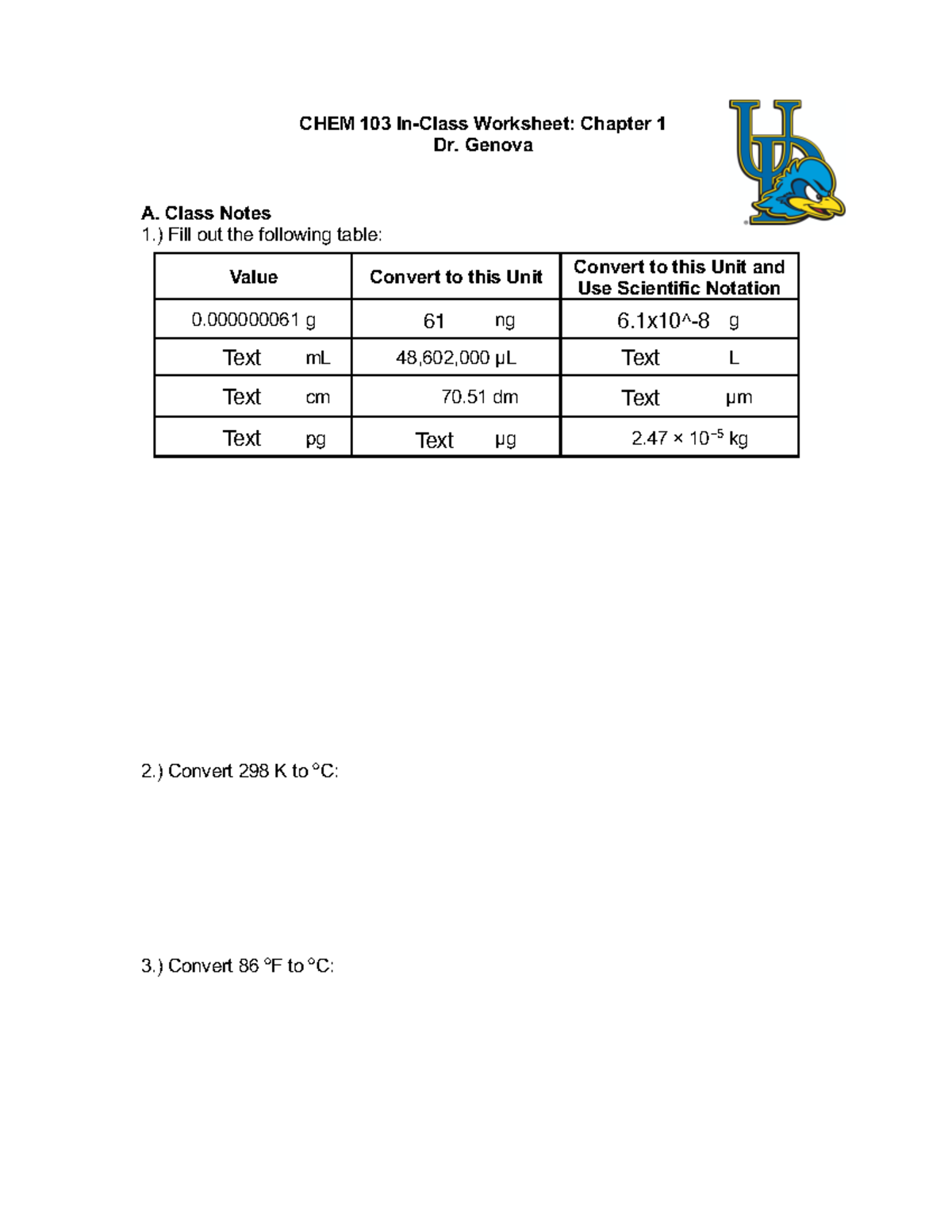 CHEM 103 Chapter 1 In-Class Worksheet - CHEM 103 In-Class Worksheet ...