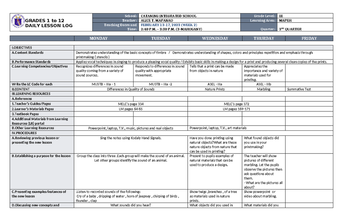 DLL Mapeh 3 Q3 W2 - DLL - GRADES 1 to 12 DAILY LESSON LOG School ...