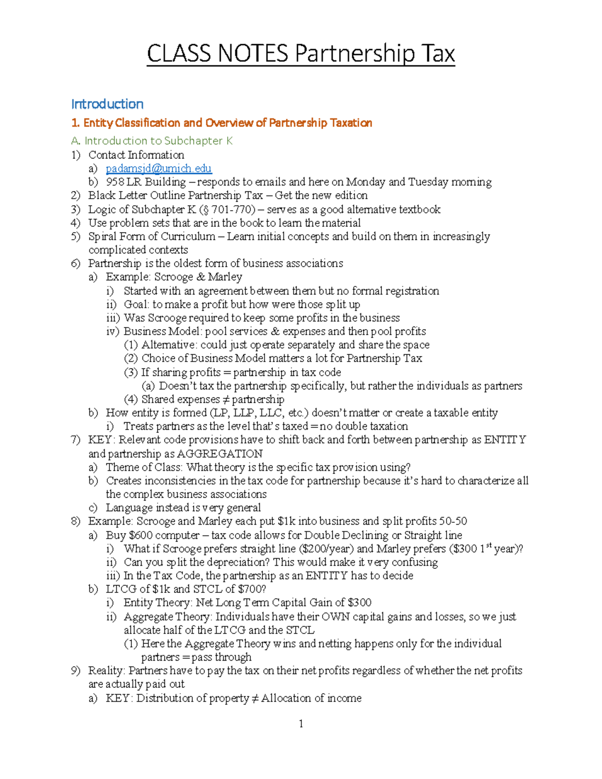 Class Notes Partnership Tax On Entity Classification - Introduction 1.  Entity Classification and - Studocu