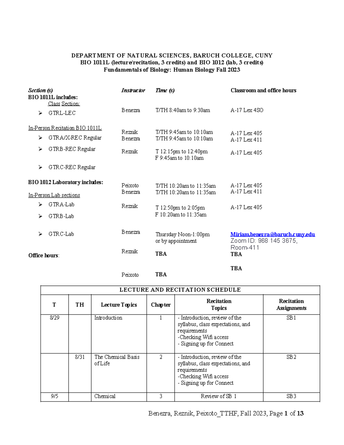 Miriam Benezra Syllabus DEPARTMENT OF NATURAL SCIENCES, BARUCH