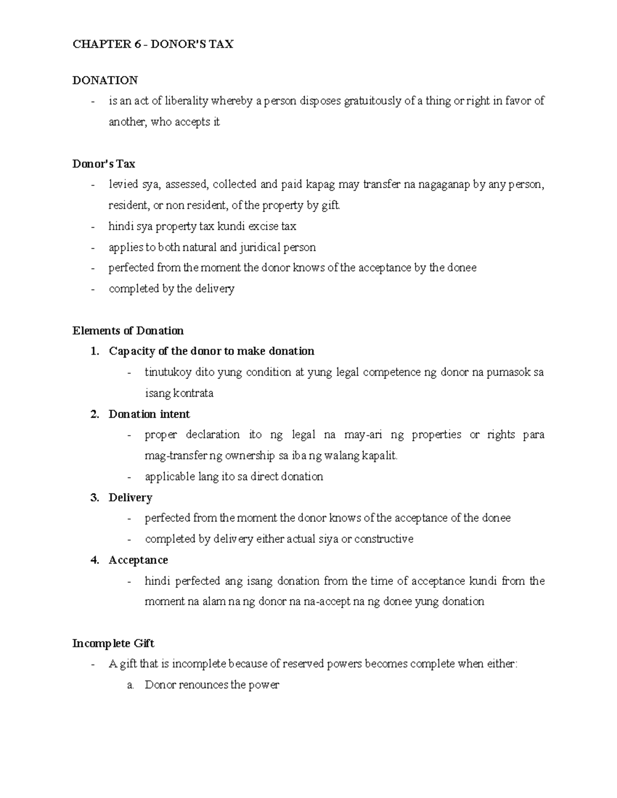 TAX - Chapter 6 Donor'S TAX - DONATION is an act of liberality whereby ...