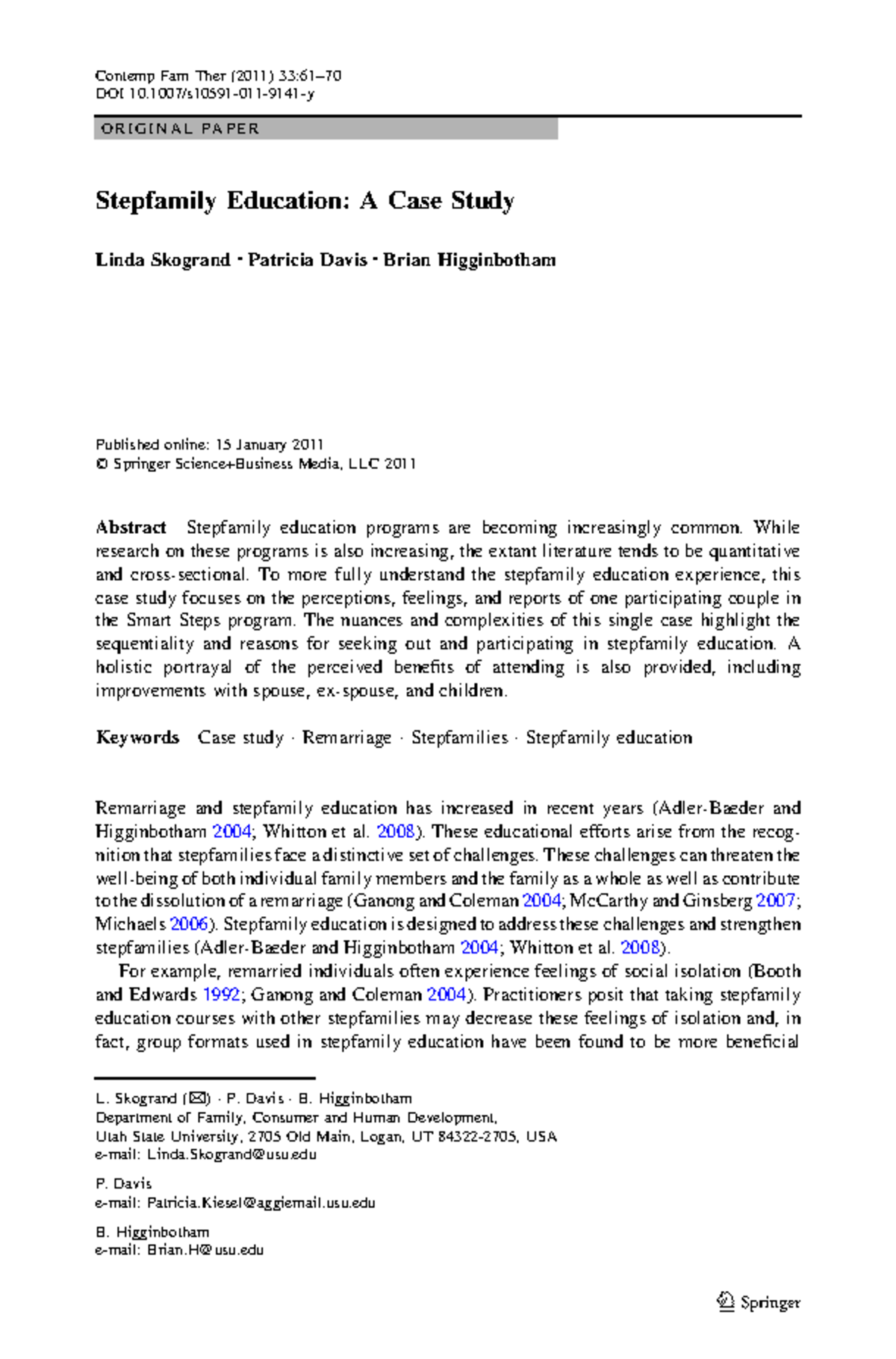 Stepfamily Education - Article on Stepfamilies in Family Systems Change